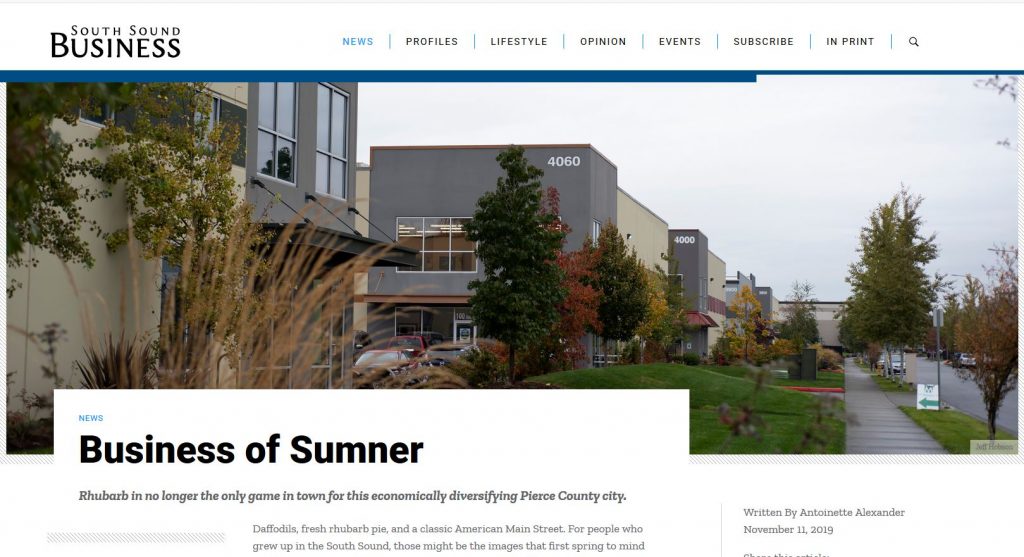 Screenshot of South Sound Business article entitled "Business of Sumner" with image of warehouses, headline and beginning of story text.