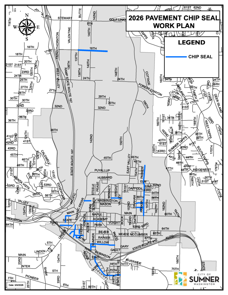 A street map of Sumner, Washington, titled '2026 Pavement Chip Seal Work Plan.' Heavy blue lines indicate planned maintenance on specific road segments. Major project areas include: 16th Street between 137th and 148th; Parker Road from 45th to Main Street; several blocks along Kincaid, Academy, and Park Streets; Valley Avenue between Washington and Main; and segments of 67th and 72nd near the Sumner-Riverside area. State Route 167 and State Route 410 are shown as major geographic boundaries but are not marked for chip sealing.