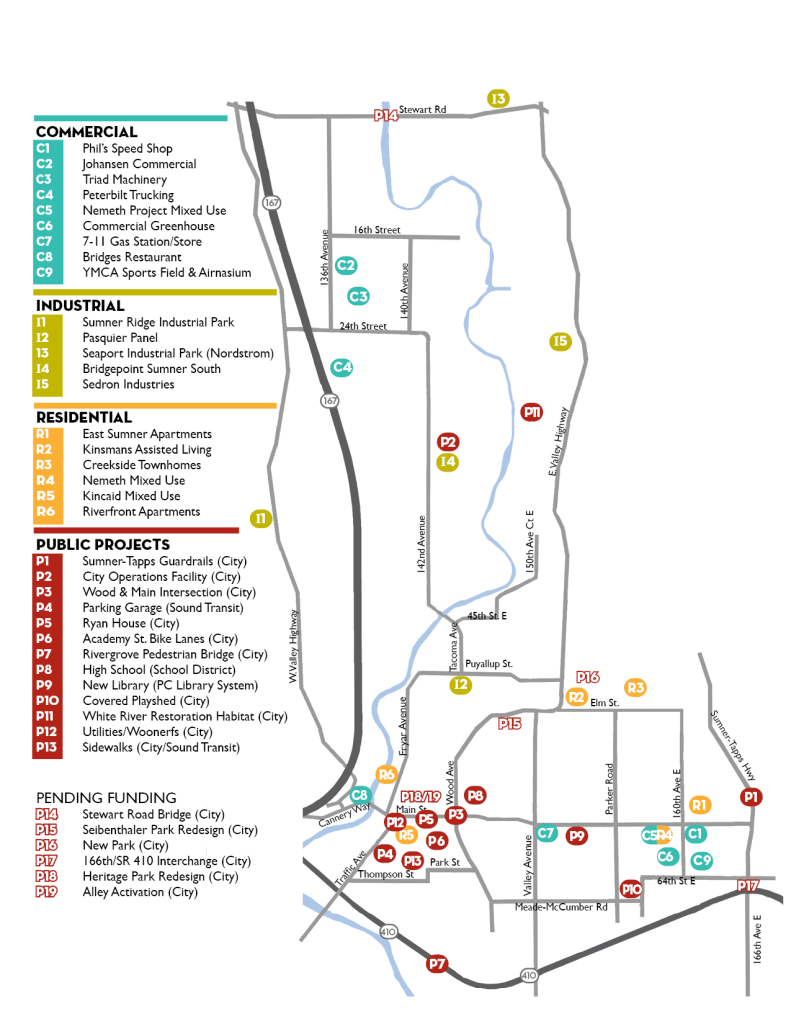 Map of Sumner showing current projects in developmment for commercial, industrial, residential and public projects. 