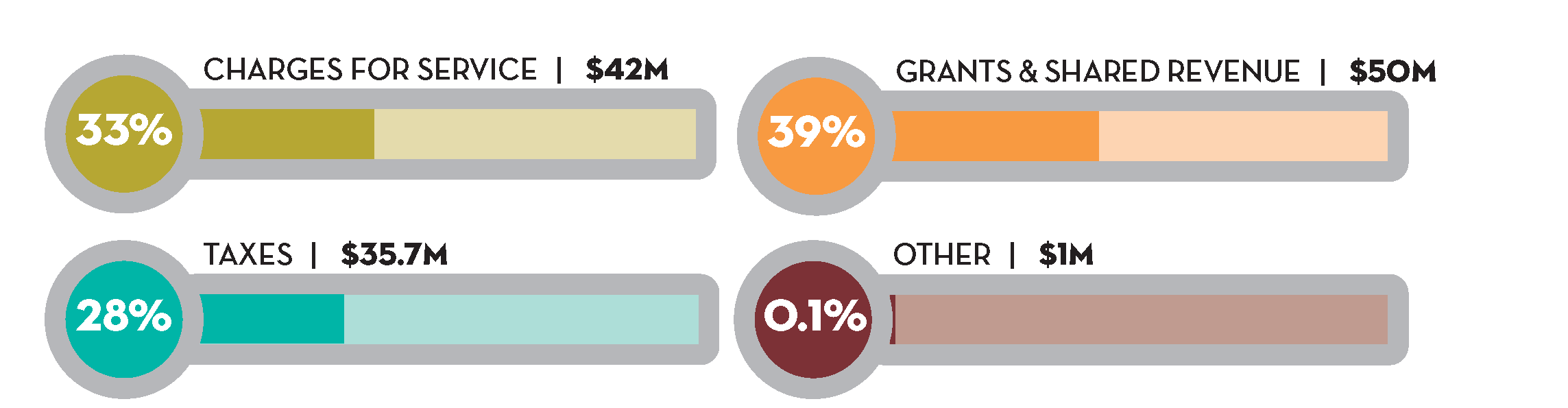 Chart showing projected revenues: $42 million or 33% from charges for service, $50 million or 39% from grants & shared revenue, $35.7 million or 28% from taxes and $1 million or 0.1% from other. 