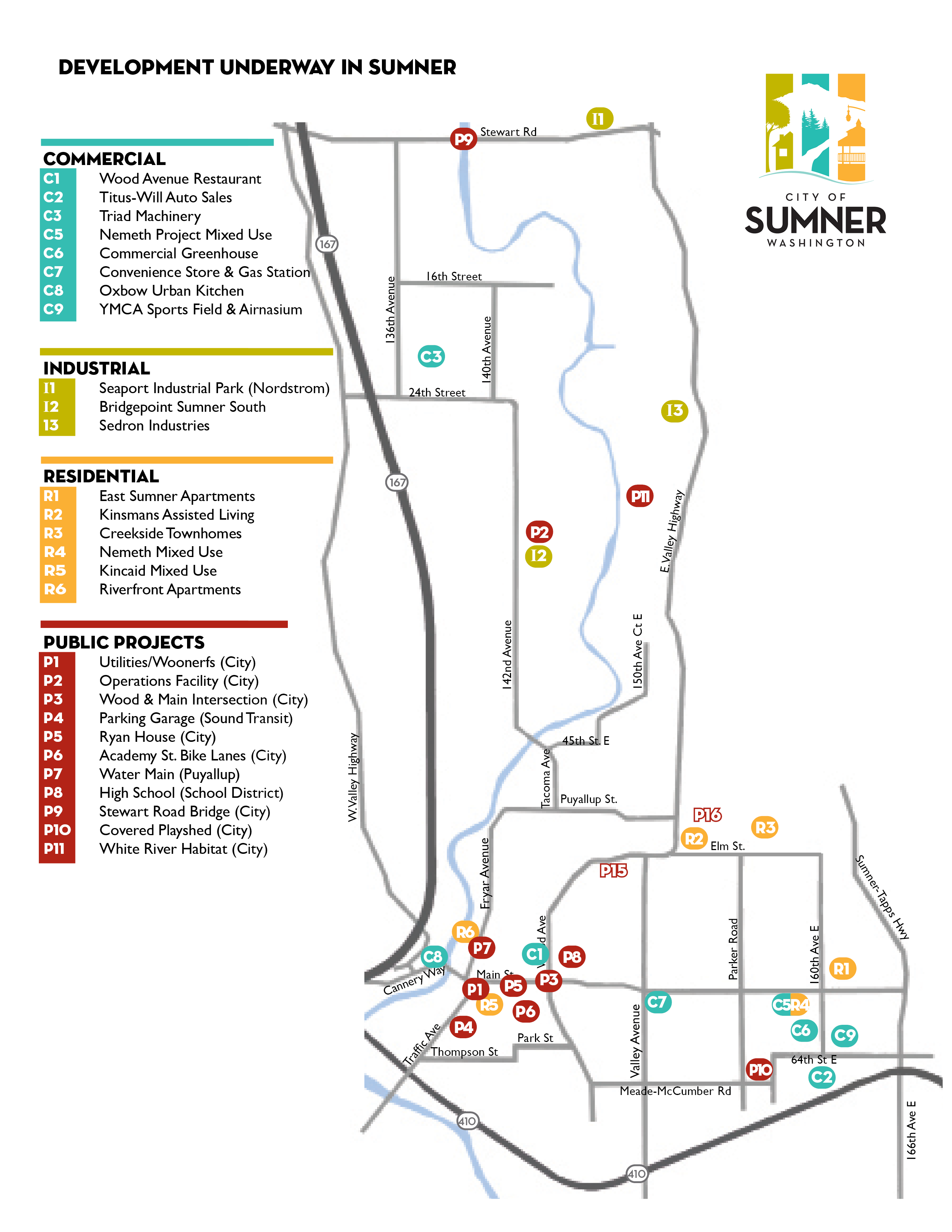 Map of Sumner showing current development for commercial, industrial, residential and public projects. 