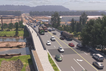 Rendering of a four-lane bridge with vehicles and separate trail over the White River.