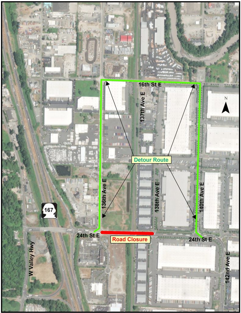 Map showing road closure on 24th Street E between 136th Ave and 138th Ave and a detour route using 136th Ave, 16th Street and 140th Avenue. 