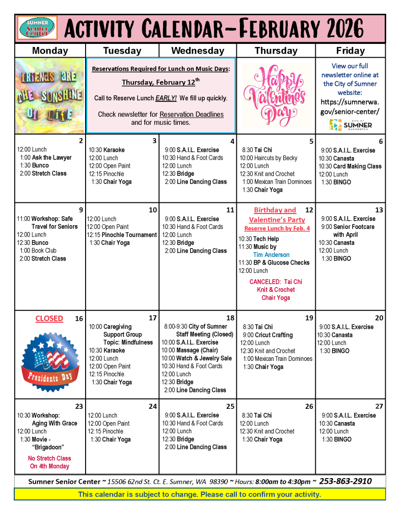 Senior Center Activities calendar. 