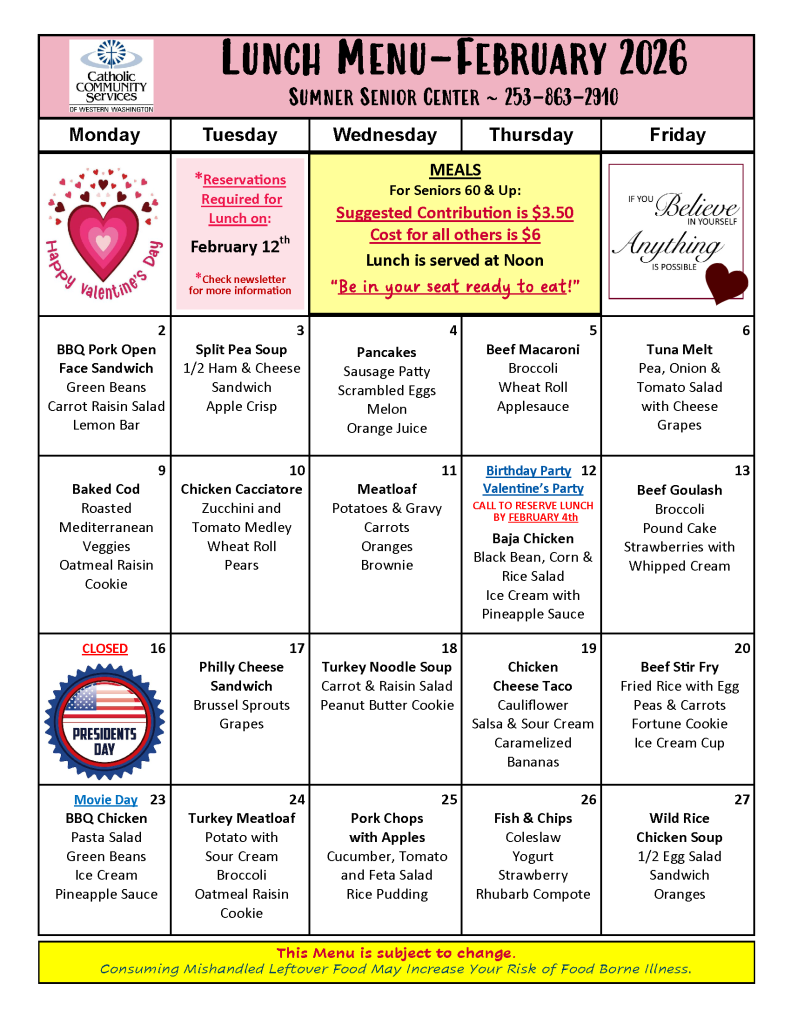 Senior center Lunch Menu