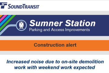 Sound Transit logo and Sumner Station header with orange subhead of Construction Alert