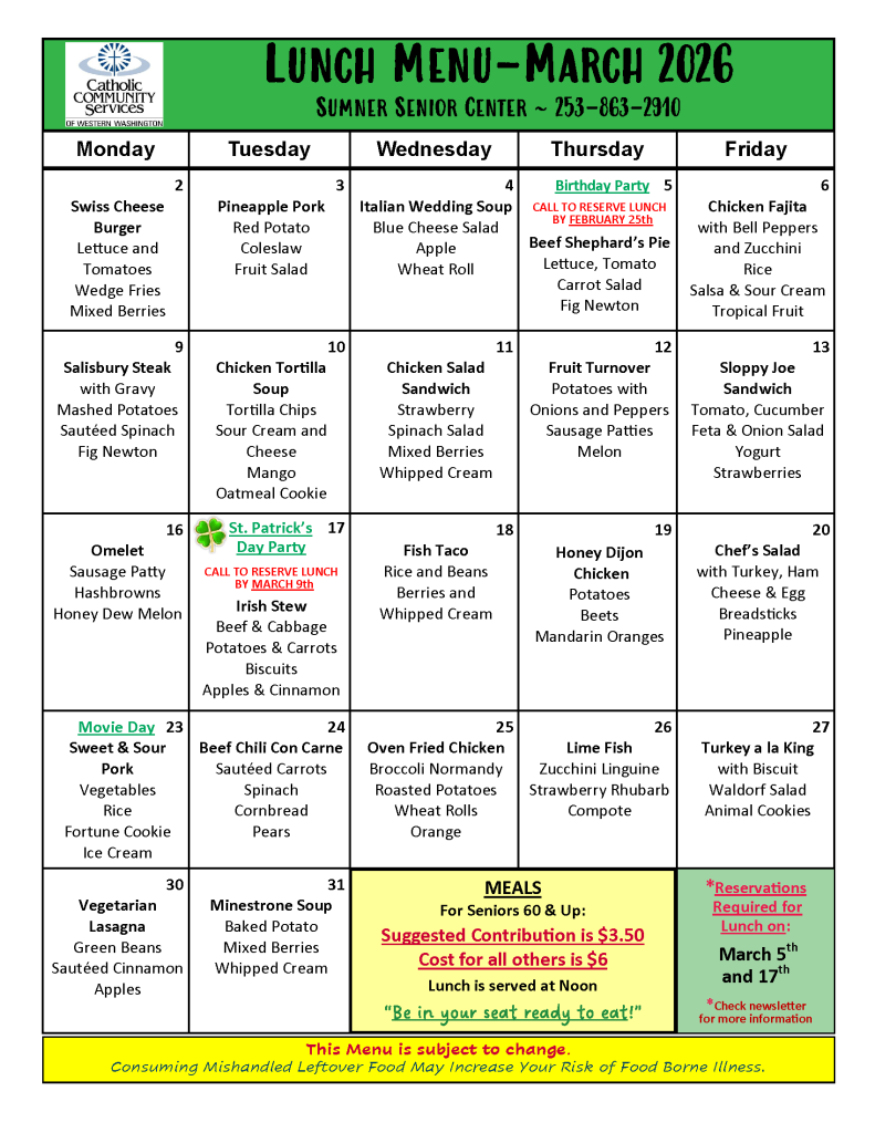 Senior Center Lunch Menu