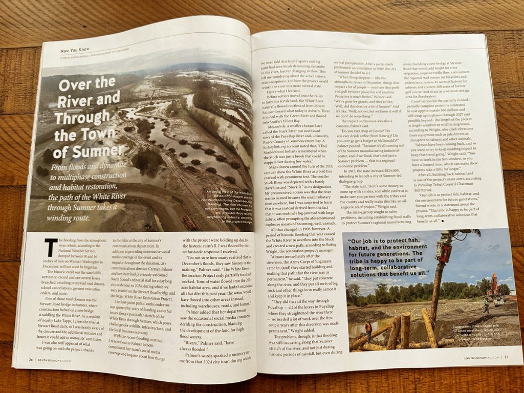Article titled 'Over the River and Through the Town of Sumner' featuring aerial views of the White River and habitat restoration construction site.