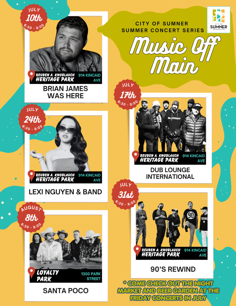 Event poster for City of Sumner's Music Off Main summer concert series featuring five performance dates from July 10 to August 8, 6:30 to 8:00 PM.