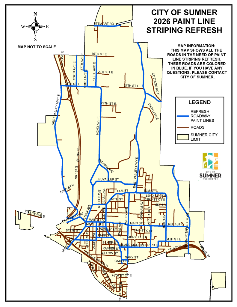 A street map of the City of Sumner titled '2026 Paint Line Striping Refresh'. A legend indicates that roads highlighted in blue are scheduled for a paint line refresh, while brown lines represent other city roads. The blue highlights cover major arteries including West Valley Hwy E, sections of 24th St E, 142nd Ave E, East Valley Hwy E, and a dense grid in the downtown area including Main St, Maple St, and various numbered streets between 52nd and 64th. The map includes a north arrow and the City of Sumner logo.