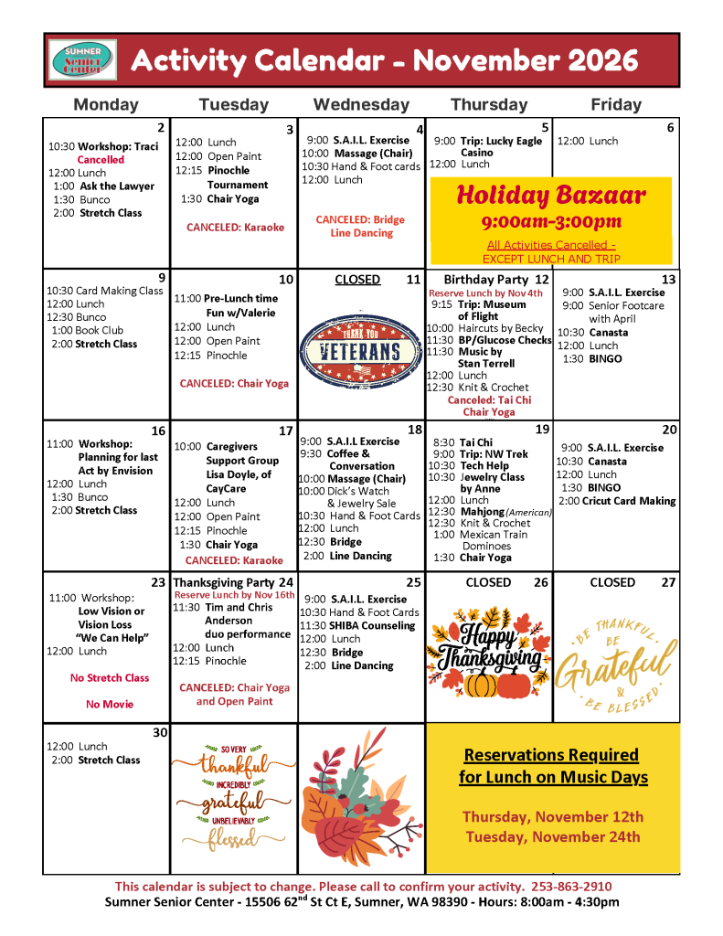 Sumner Senior Center activity calendar for November 2026