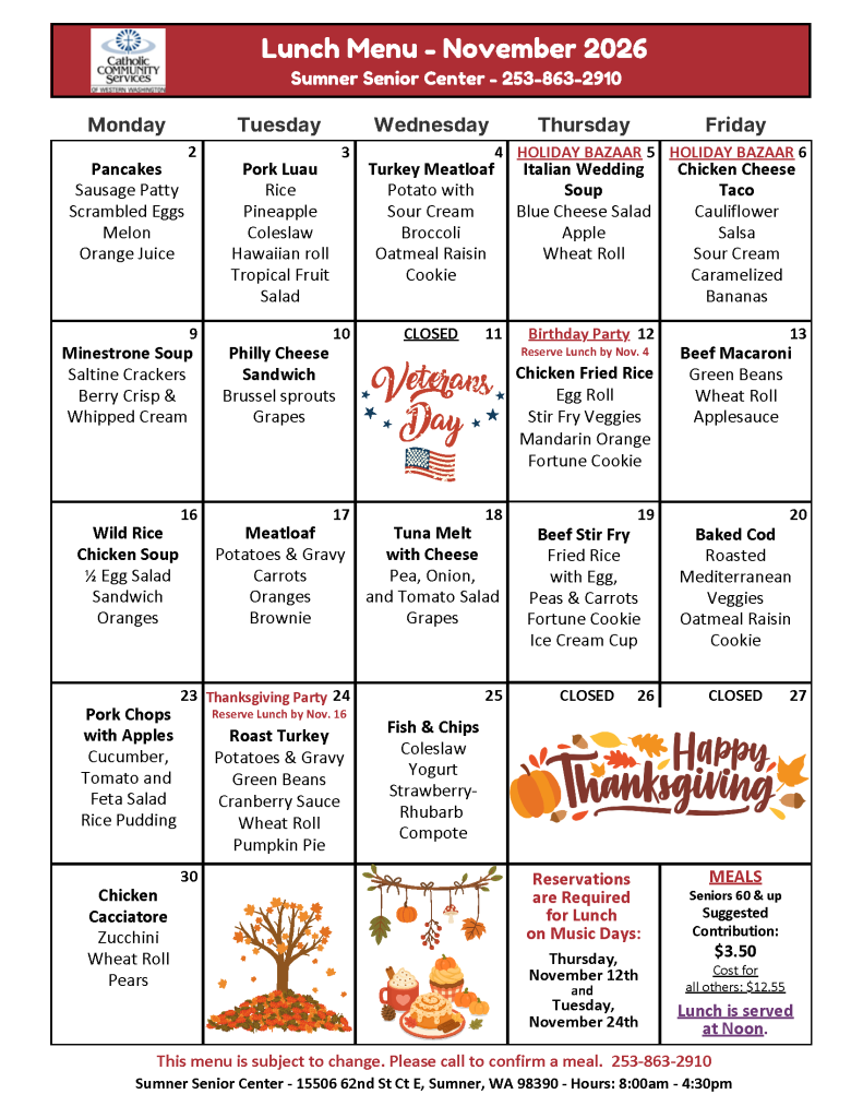 Sumner Senior Center lunch menu for November 2026